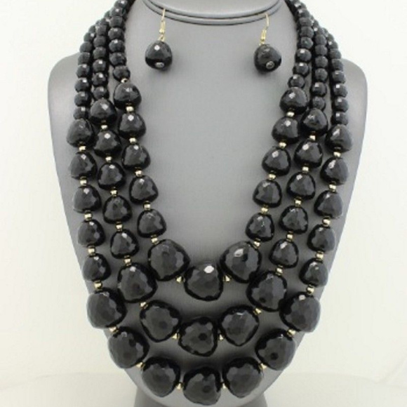 Hush Jewelry - three Layers Black Bead Necklace Earring Set